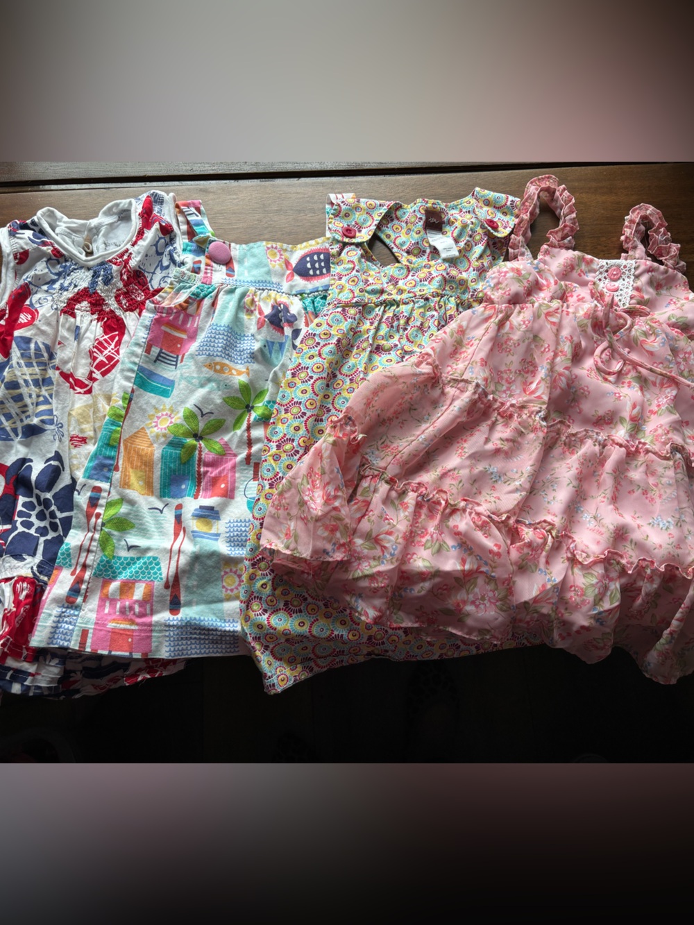 Lot of 4 Multicolor Girls' Printed Summer Dresses- Turquoise, Pink, Red